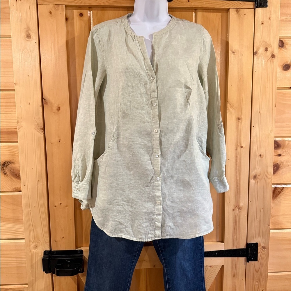 Sigrid Olsen Light Green Breathable 100% linen Button-Up Shirt, size S